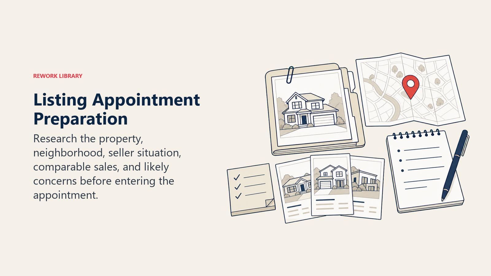 Listing Appointment Preparation: a listing prep desk with property file, neighborhood map, comparable cards, seller notes, and coral appointment pin
