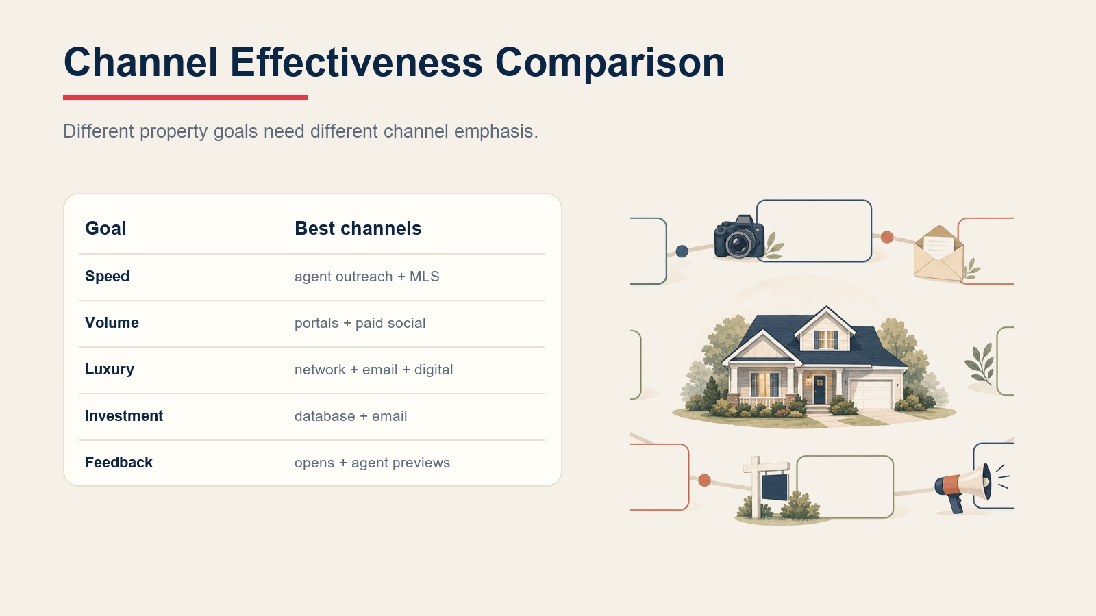 Channel effectiveness comparison for speed, volume, luxury, investment, and feedback goals