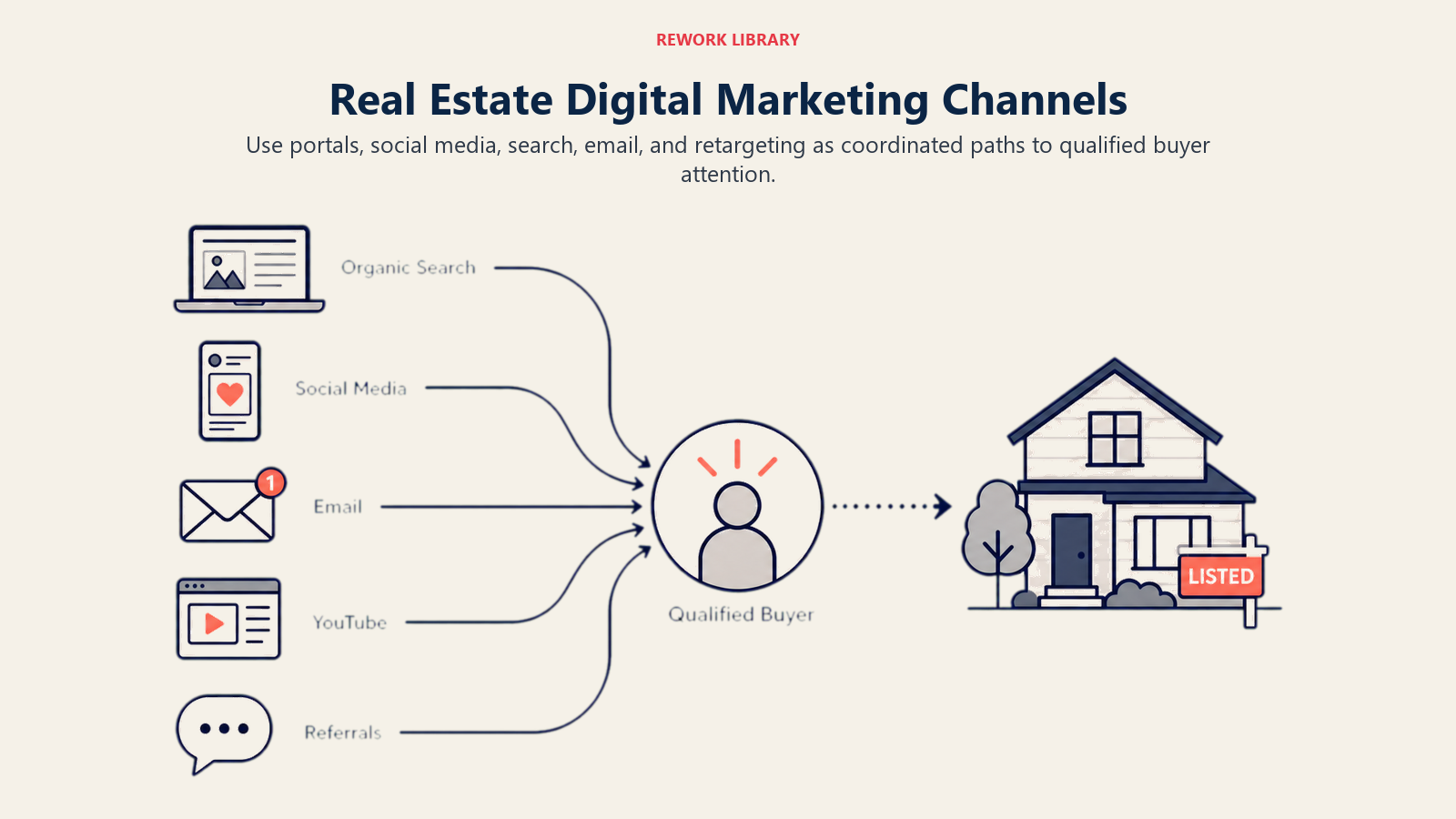 Real Estate Digital Marketing Channels illustrated with five distinct digital channel currents converging on a qualified buyer beacon beside one listed home