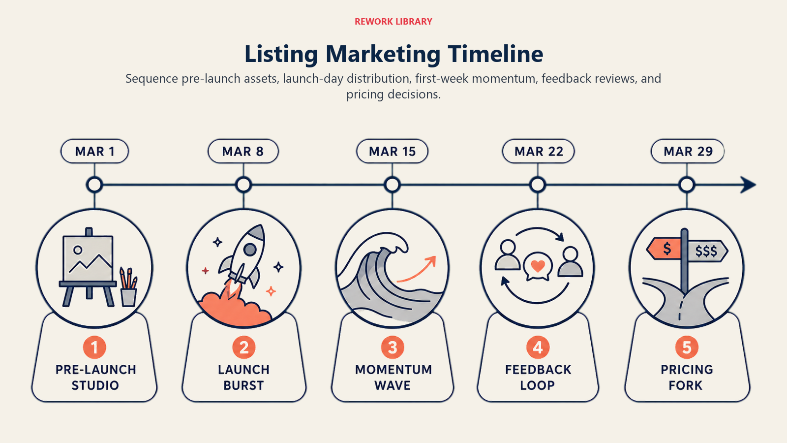 Listing Marketing Timeline illustrated with a wide listing timeline with five dated stage markers from pre-launch studio to launch burst, momentum wave, feedback loop, and pricing fork