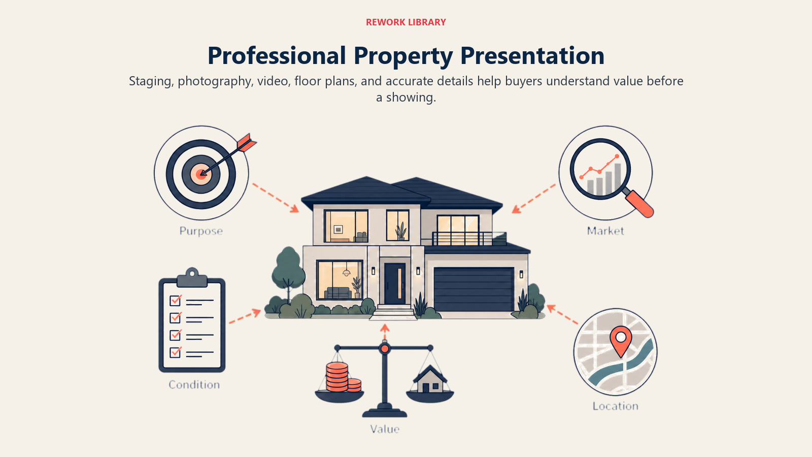Professional Property Presentation illustrated with a wide property presentation studio with five distinct instruments aimed at one polished house