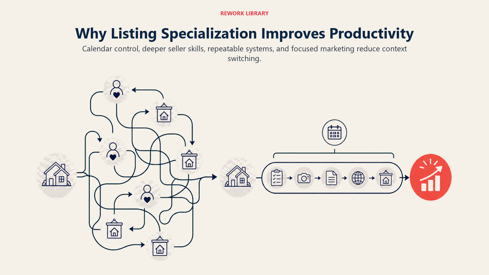 Why Listing Specialization Improves Productivity illustrated with a direct wide comparison: a tangled full-service calendar switching between buyers and sellers on the left, versus a smooth batched listing-only lane on the right, ending at a coral productivity marker.