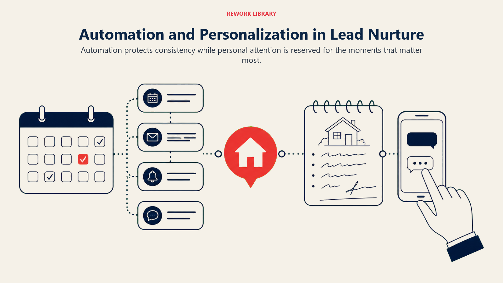 Automation and Personalization in Lead Nurture illustrated with a direct wide comparison balanced around one relationship: orderly automated calendar and message stream on the left, handwritten note and phone touch on the right, merging at a coral client marker.
