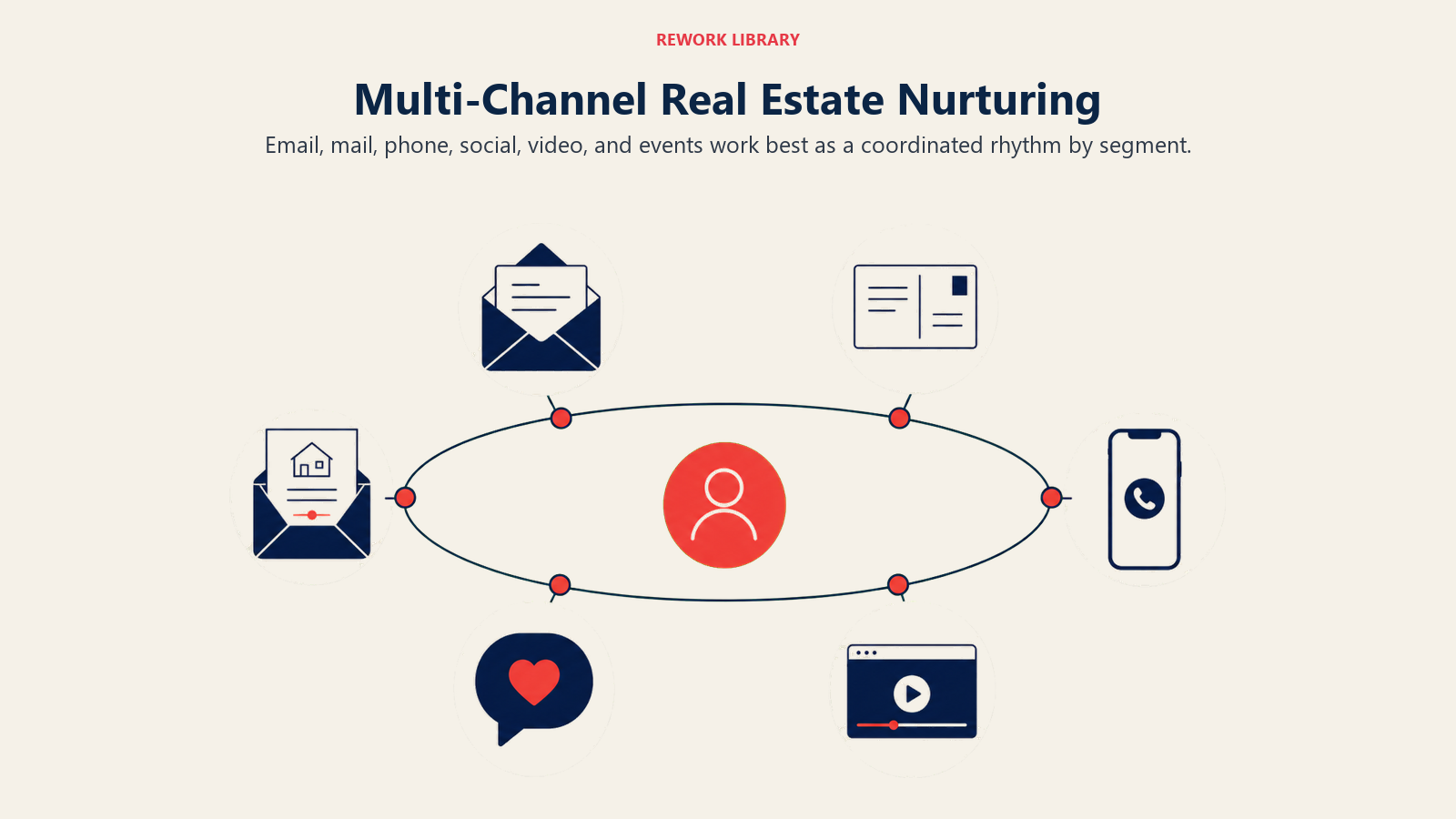 Multi-Channel Real Estate Nurturing illustrated with a wide orbital system around one lead relationship: envelope, postcard, phone, video frame, social bubble, and event invitation connected by one graceful path, coral touchpoint at the center.