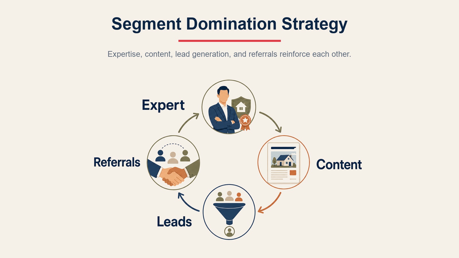 Real estate segment domination strategy flywheel showing expert positioning, content, leads, and referrals