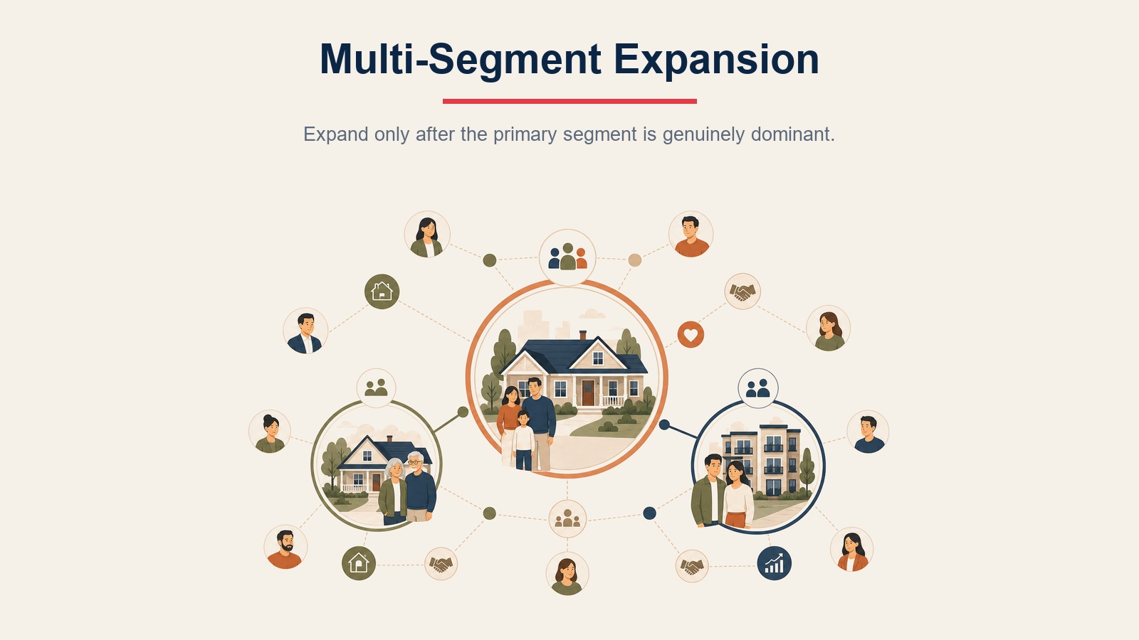 Multi-segment real estate expansion model showing one dominant primary niche expanding into related adjacent segments
