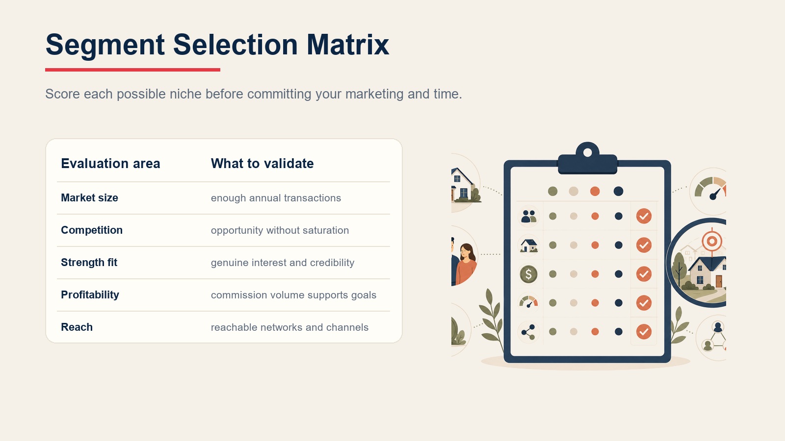 Real estate segment selection matrix showing market size, competition, strength fit, profitability, and reach evaluation areas