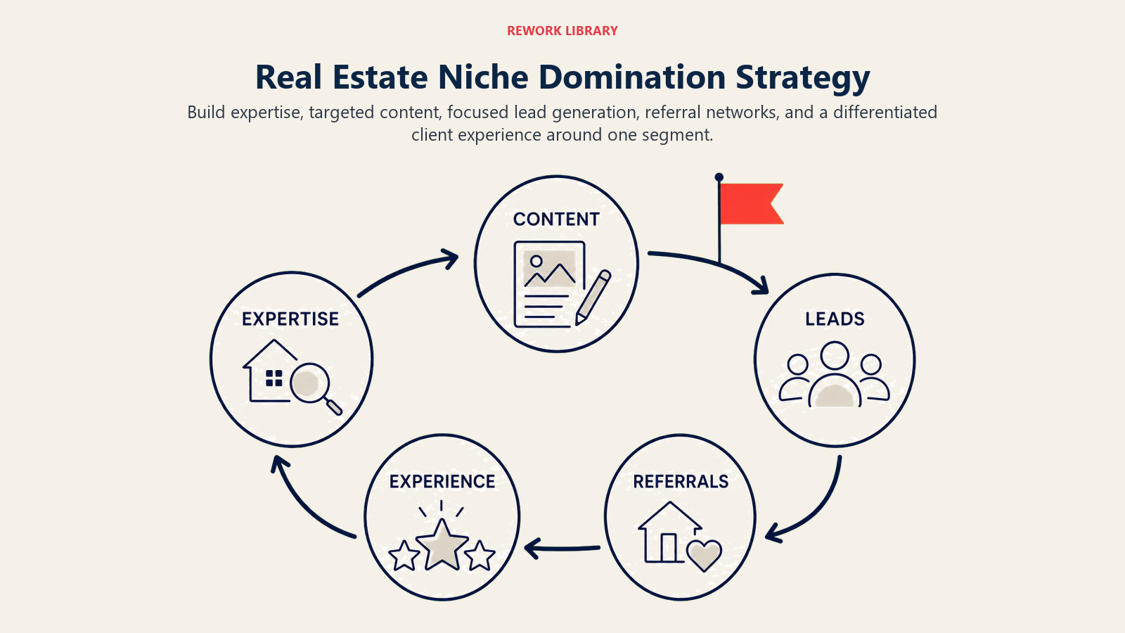 Real Estate Niche Domination Strategy: a wide five-part domination loop linking expertise, content, leads, referrals, experience, and a coral segment flag
