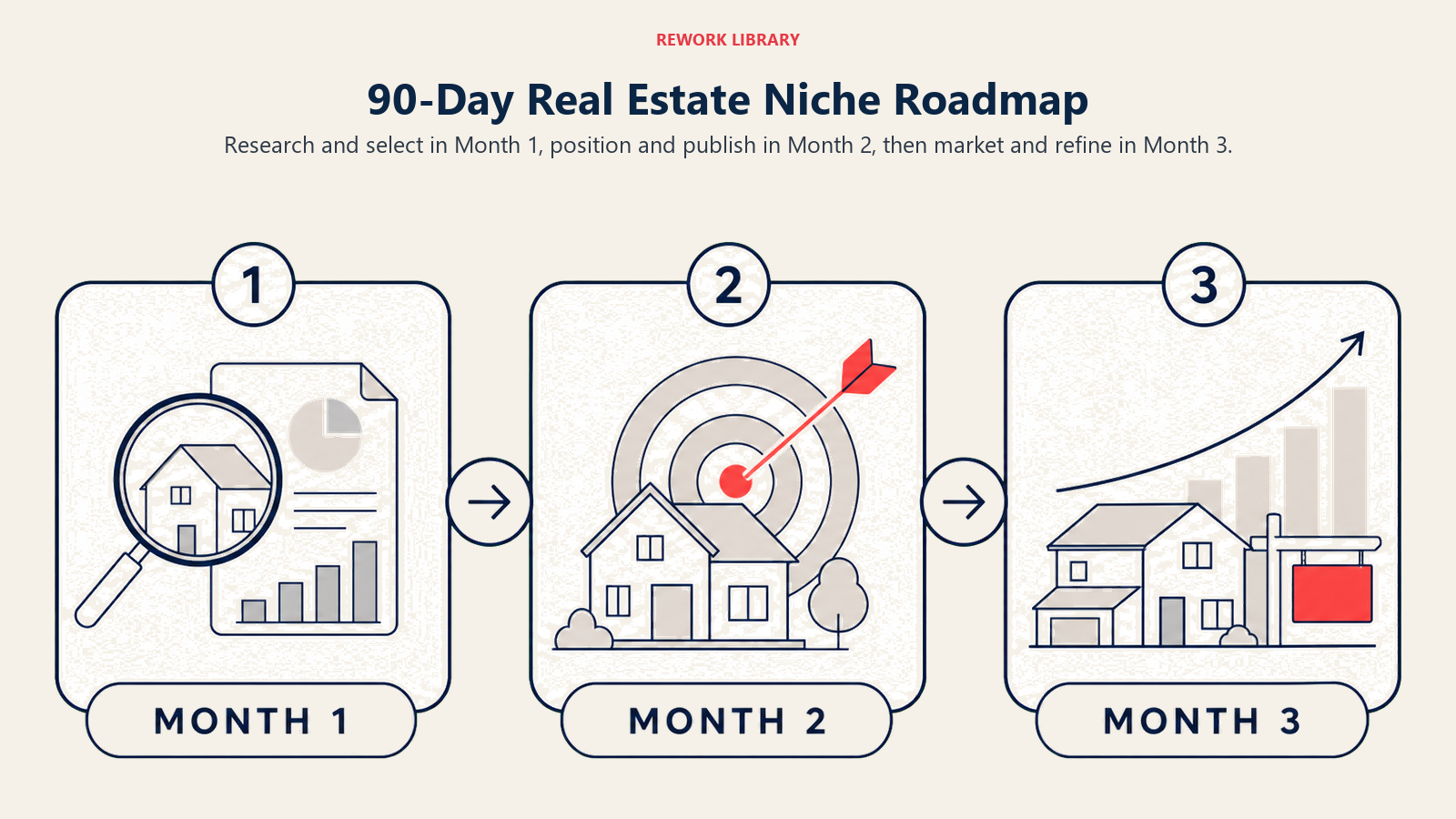 90-Day Real Estate Niche Roadmap: a wide three-stage roadmap labeled Month 1, Month 2, Month 3 from research to positioning to market momentum