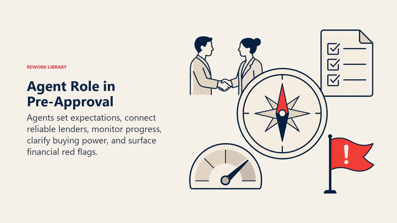 Agent Role in Pre-Approval illustrated by Agent compass beside lender handshake, document checklist, budget gauge, and coral warning flag