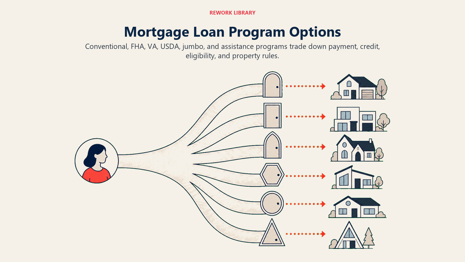 Mortgage Loan Program Options illustrated by Wide branching path from one buyer profile into six differently shaped loan doors and house outcomes