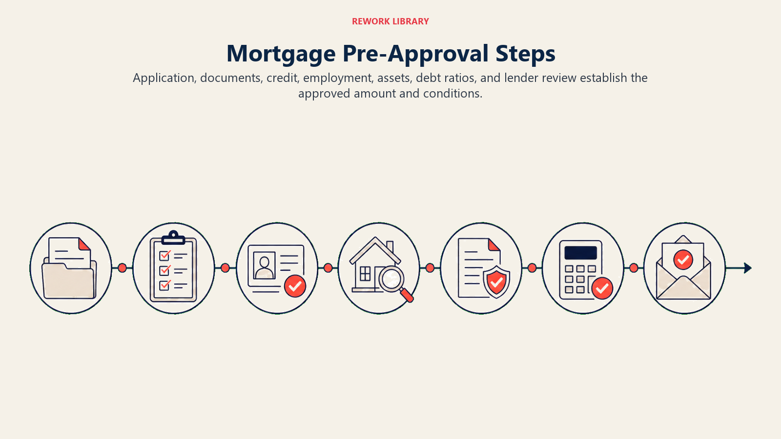 Mortgage Pre-Approval Steps illustrated by Wide seven-stage mortgage route from application folder through verification checkpoints to an approval letter