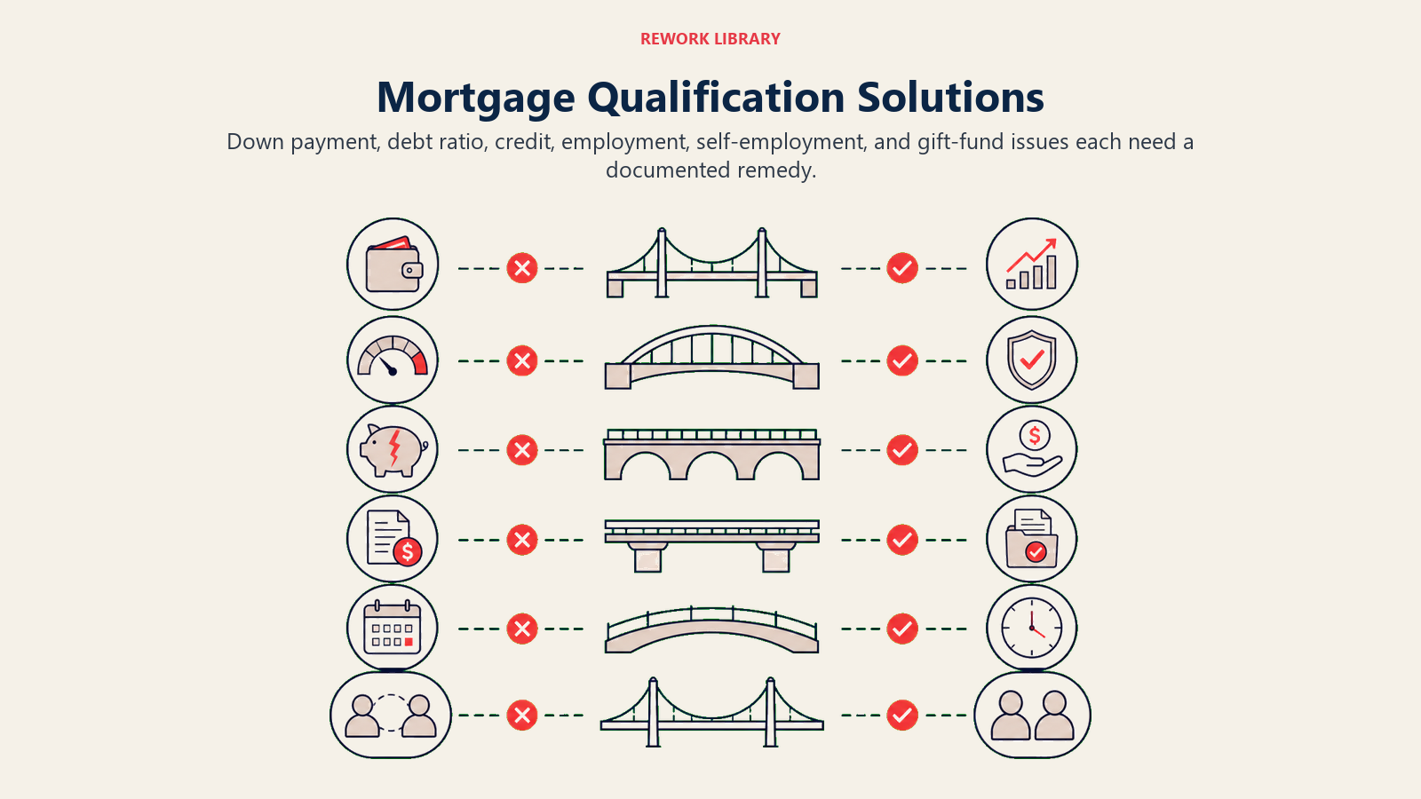 Mortgage Qualification Solutions illustrated by Wide issue-to-solution lanes pairing six financial obstacles with payoff, assistance, documentation, timing, and co-borrower bridges