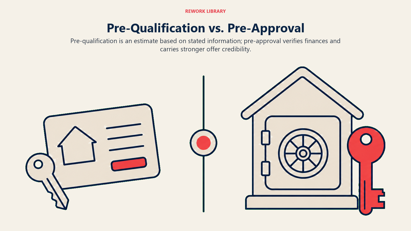 Pre-Qualification vs. Pre-Approval illustrated by Wide direct comparison of a lightweight estimate card versus a verified document vault with a stronger house key