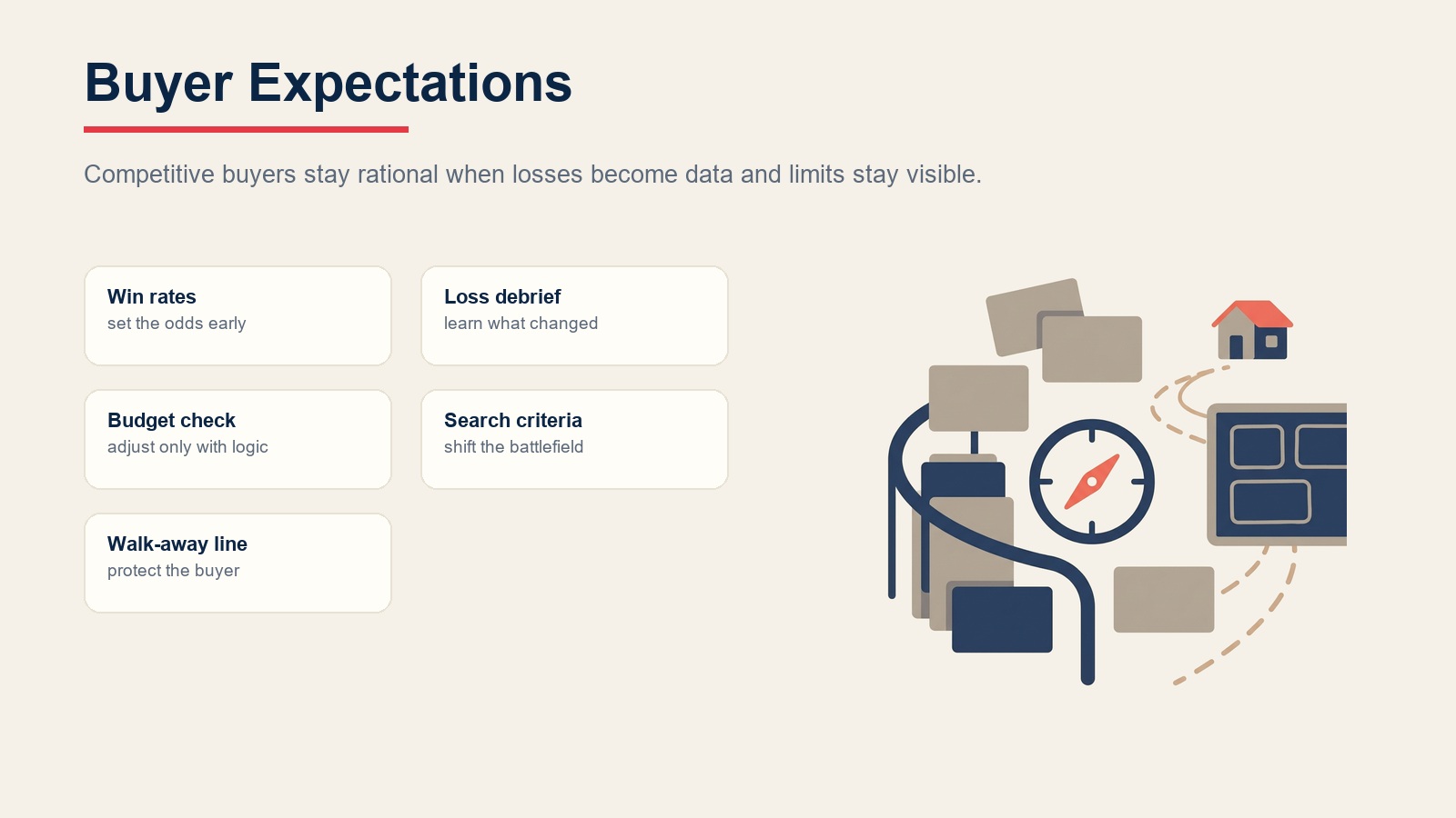 Buyer expectation management for multiple-offer losses, budget checks, strategy adjustments, and walk-away limits
