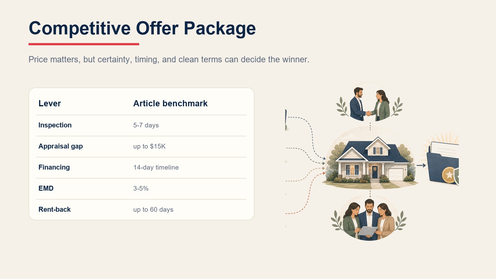 Competitive offer package terms for inspection, appraisal gap, financing, earnest money, and rent-back options