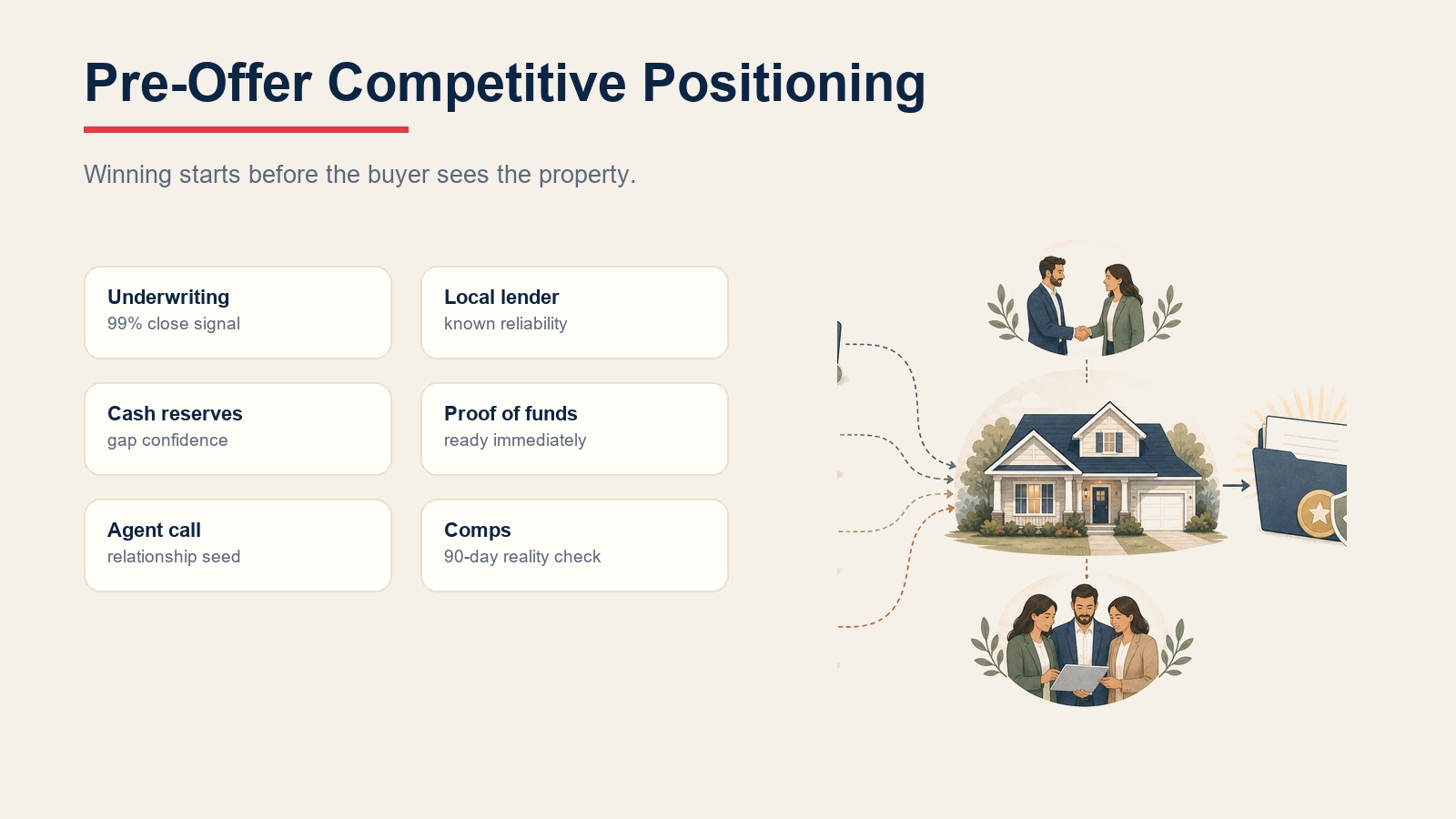 Pre-offer competitive positioning checklist for underwriting, lender reputation, reserves, proof of funds, agent calls, and comparable sales