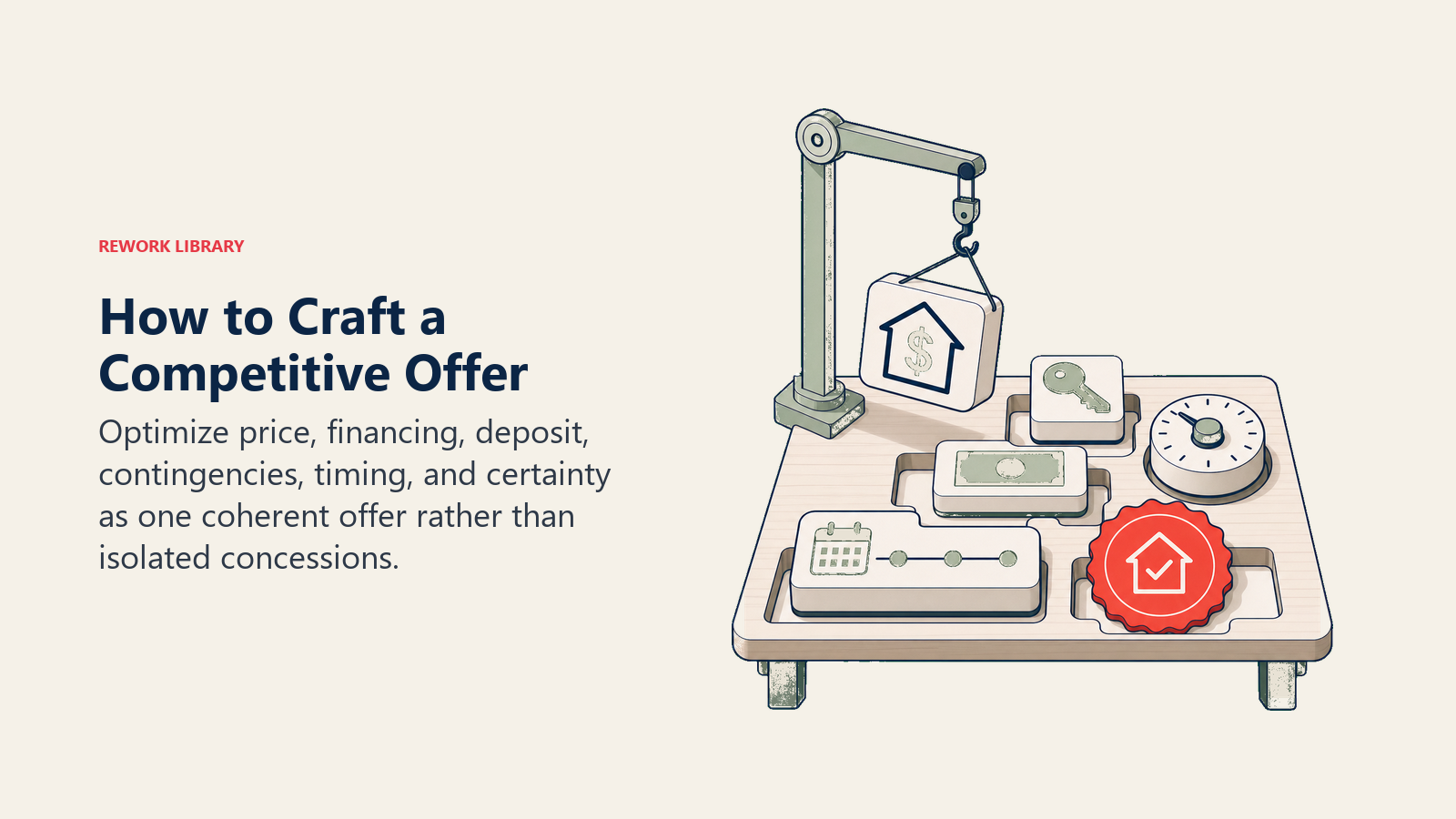 How to Craft a Competitive Offer: an offer-builder workbench assembling price token, finance key, deposit block, contingency dial, timeline, and coral certainty seal