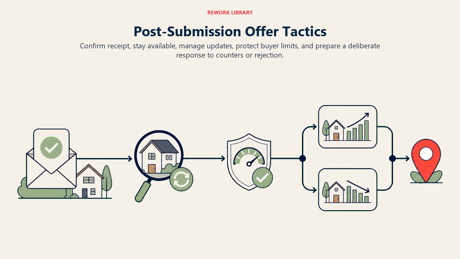 Post-Submission Offer Tactics: a wide post-submission control route from receipt confirmation through update watch, limit guardrail, counter fork, and coral next-decision marker