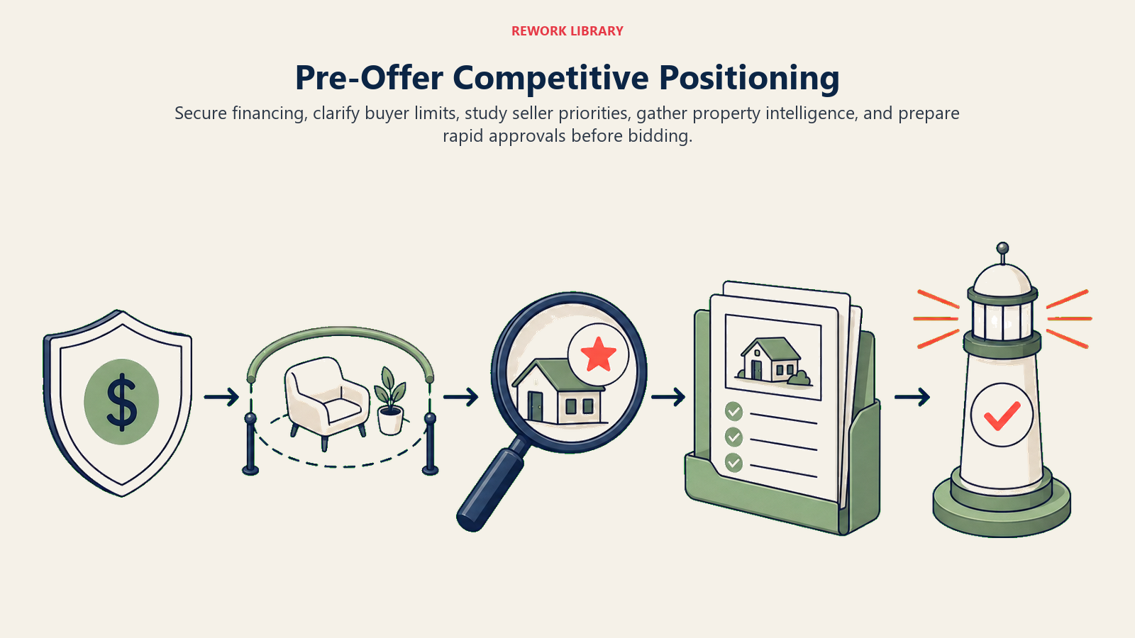 Pre-Offer Competitive Positioning: a wide pre-offer launch sequence with finance shield, buyer boundary, seller-priority lens, property dossier, and rapid approval beacon