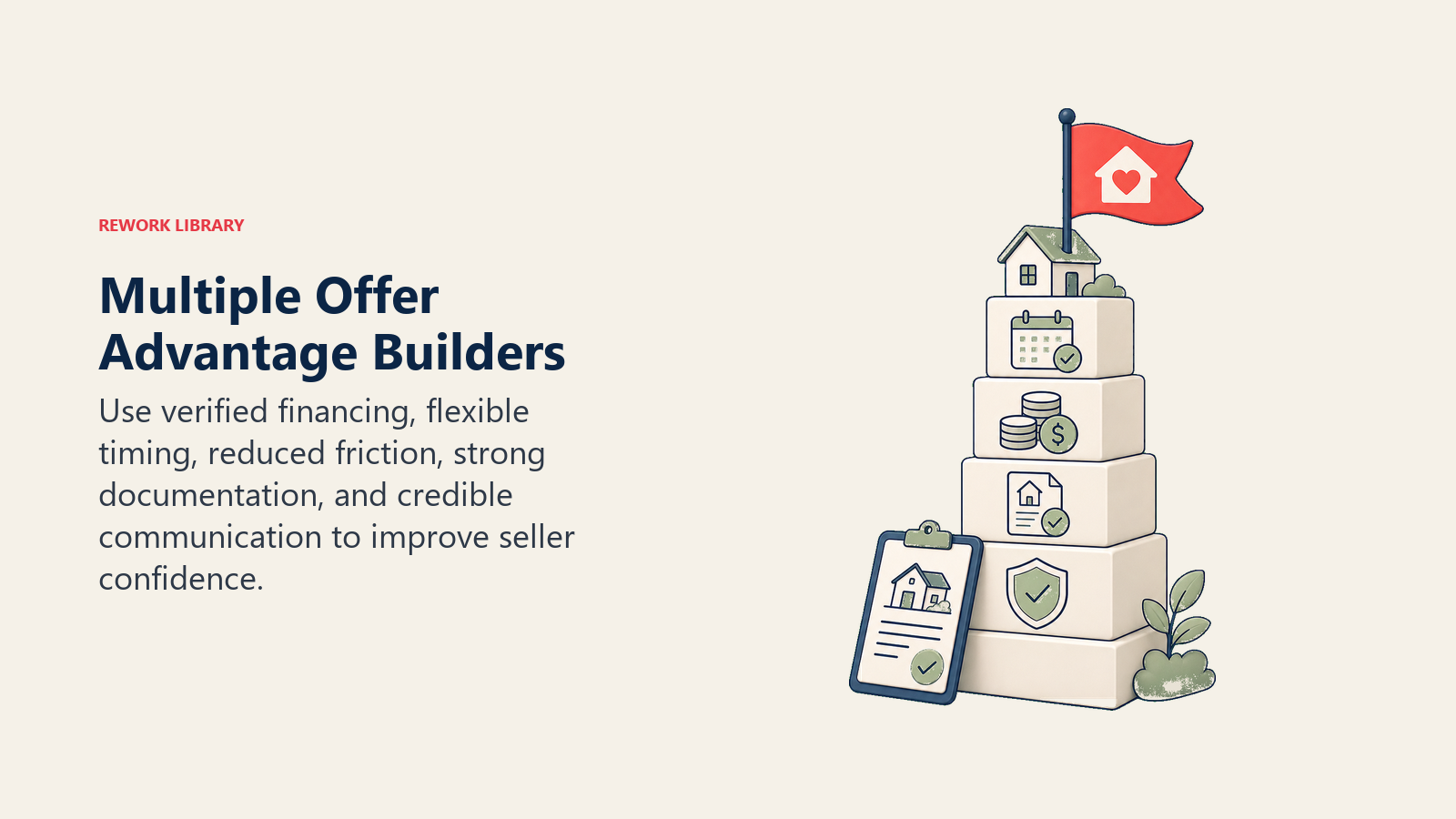 Multiple Offer Advantage Builders: a buyer offer gaining height through five advantage blocks beneath a coral seller-confidence flag