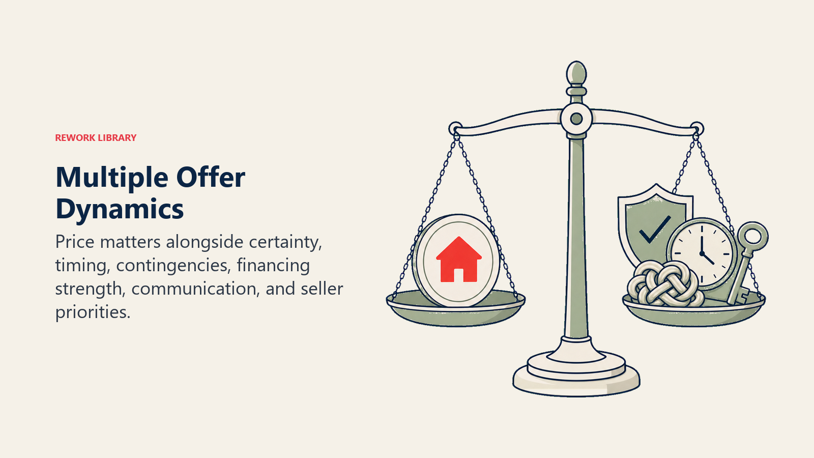 Multiple Offer Dynamics: a seller decision balance weighing an offer coin against certainty shield, timing clock, contingency knots, and finance key