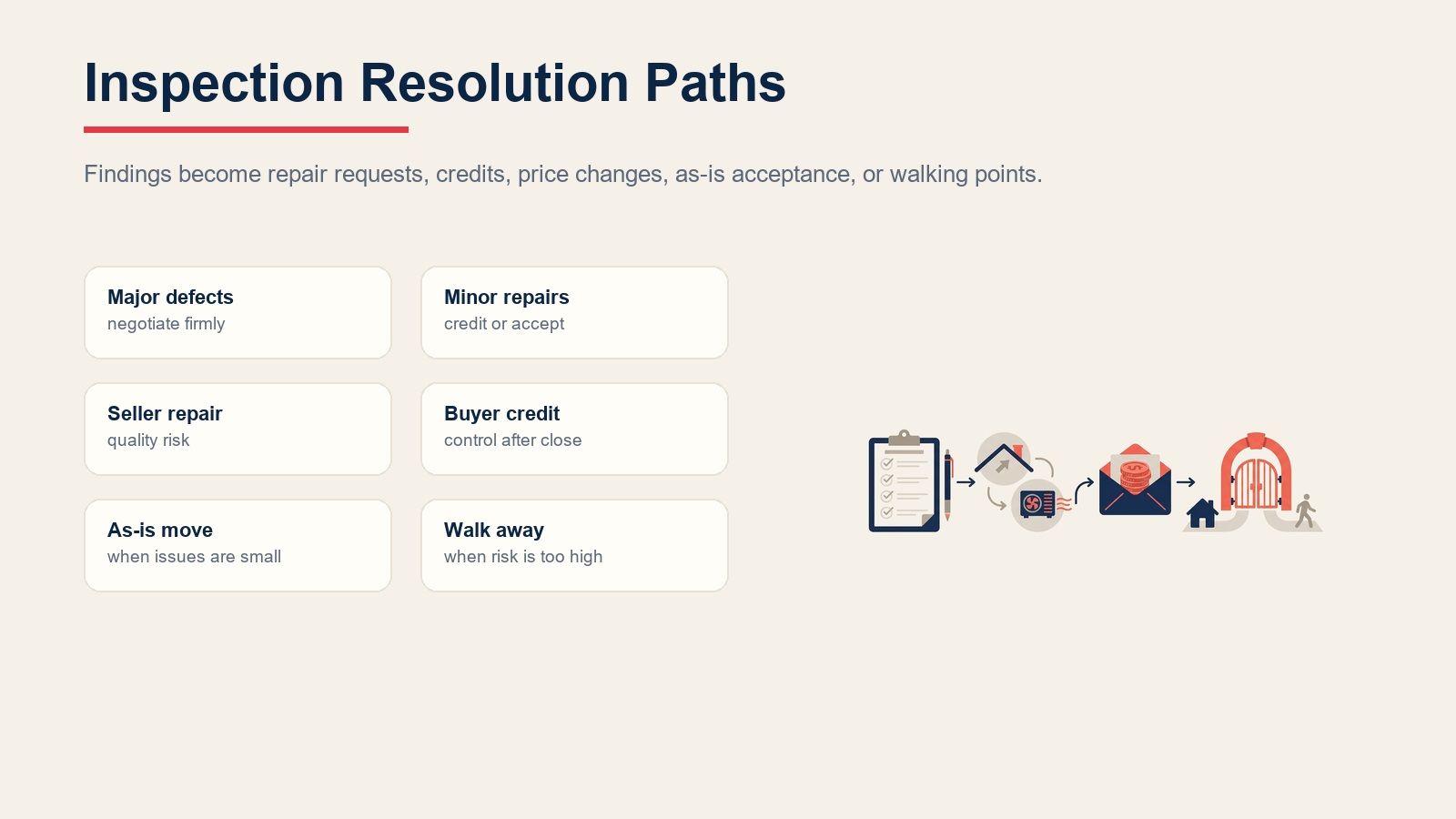 Inspection negotiation paths for major defects, repair credits, buyer control, and walk-away decisions