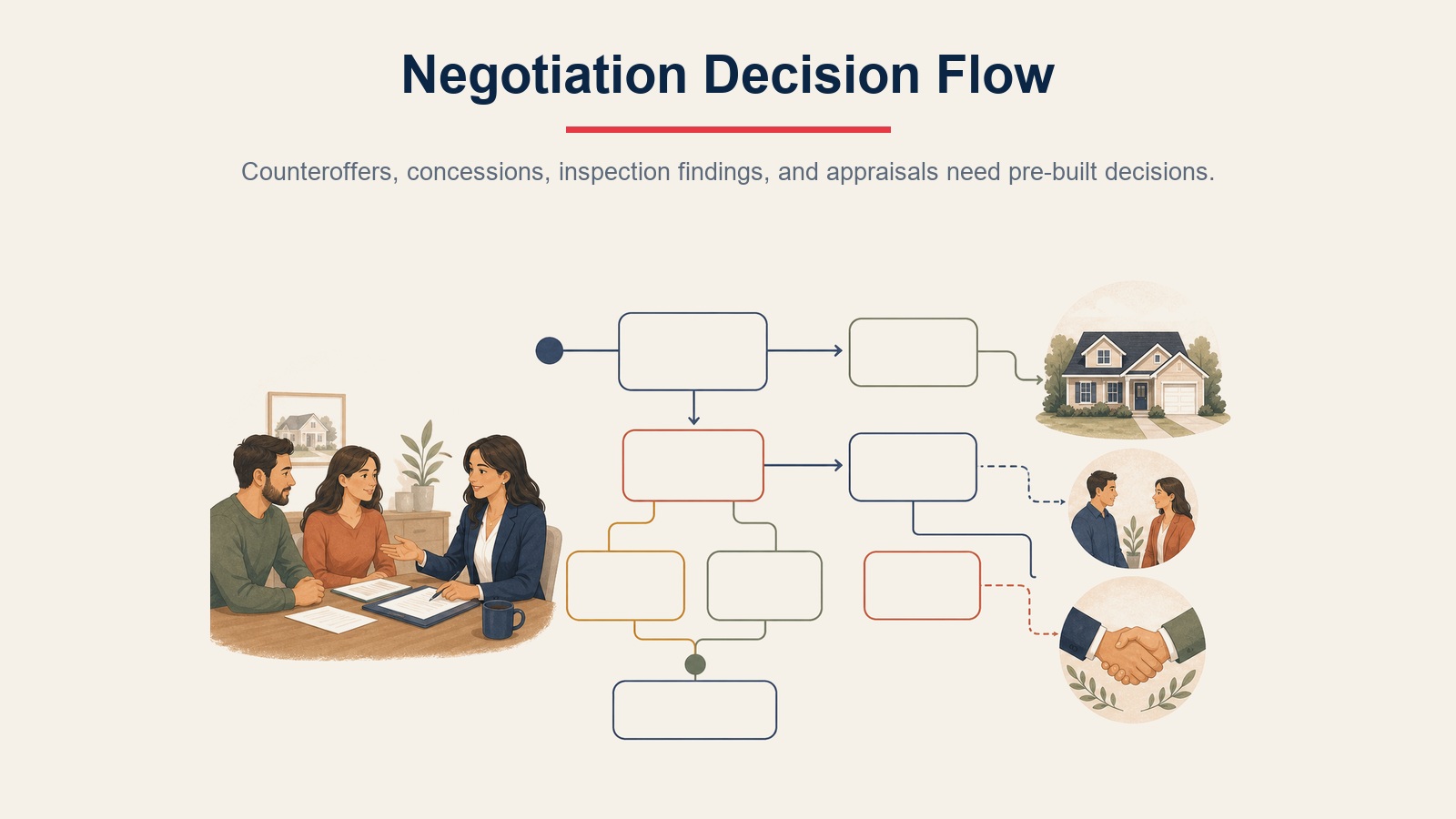 Negotiation decision flow for counteroffers, concessions, inspection findings, appraisals, and acceptance