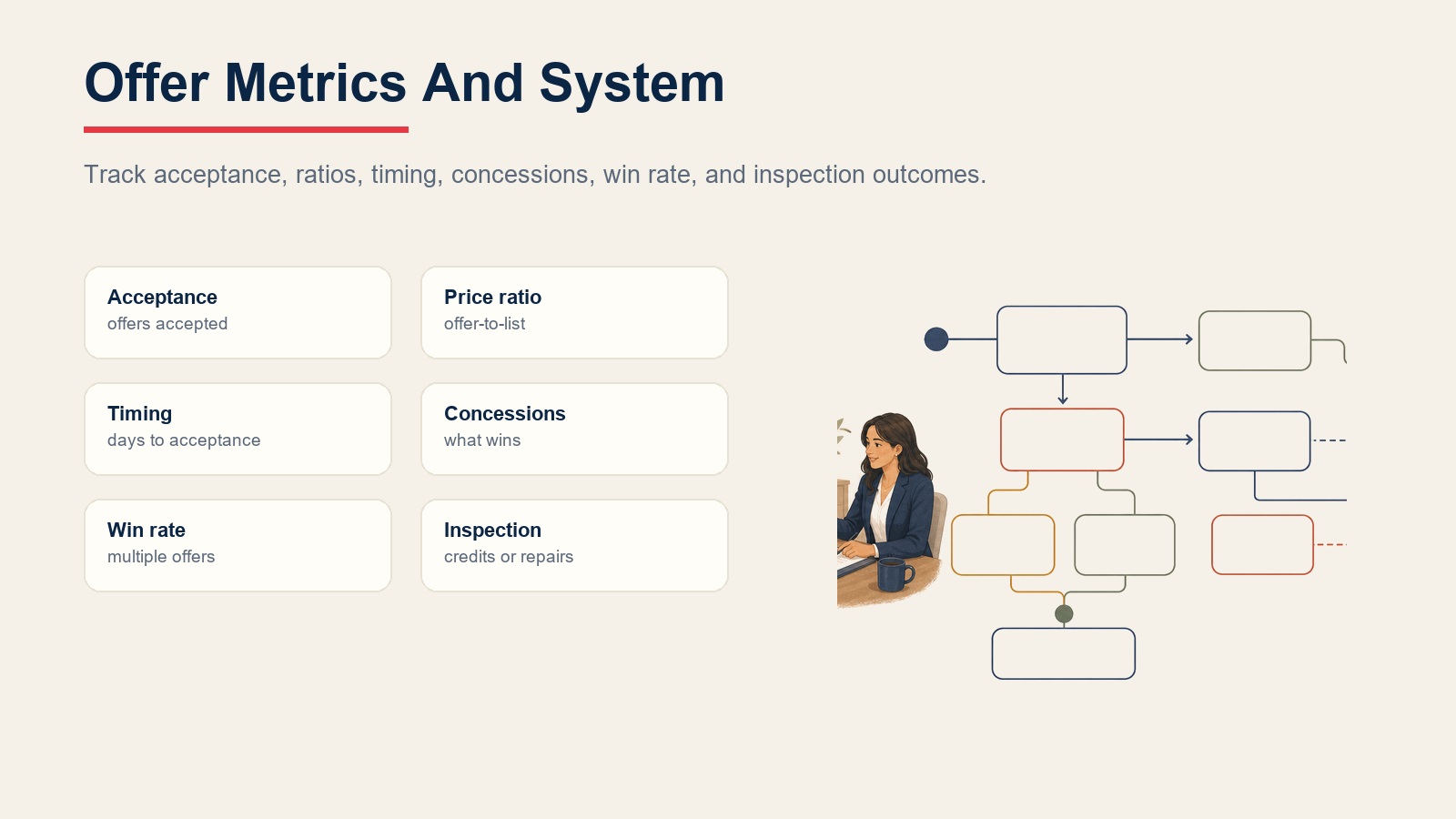 Offer metrics and system tracking acceptance, price ratio, timing, concessions, win rate, and inspection outcomes