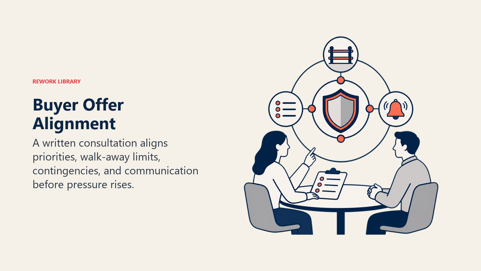 Buyer Offer Alignment illustrated with a consultation table where buyer priorities, a boundary rail, a shield, and a communication bell lock into one alignment ring