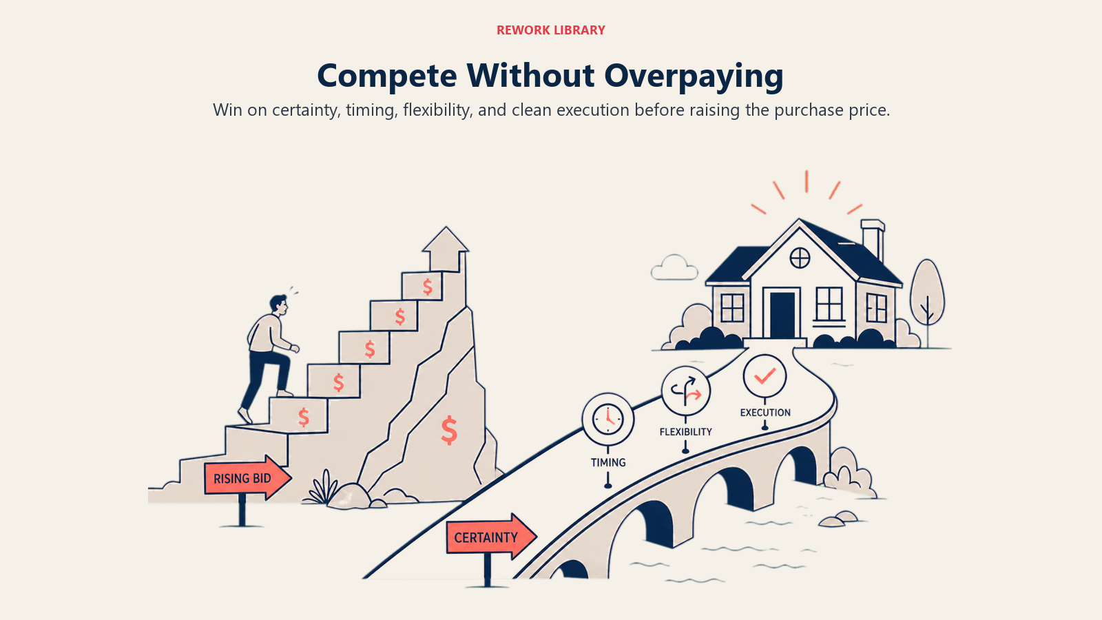 Compete Without Overpaying illustrated with two routes toward one house, a costly rising bid staircase versus a smooth certainty bridge built from timing, flexibility, and execution