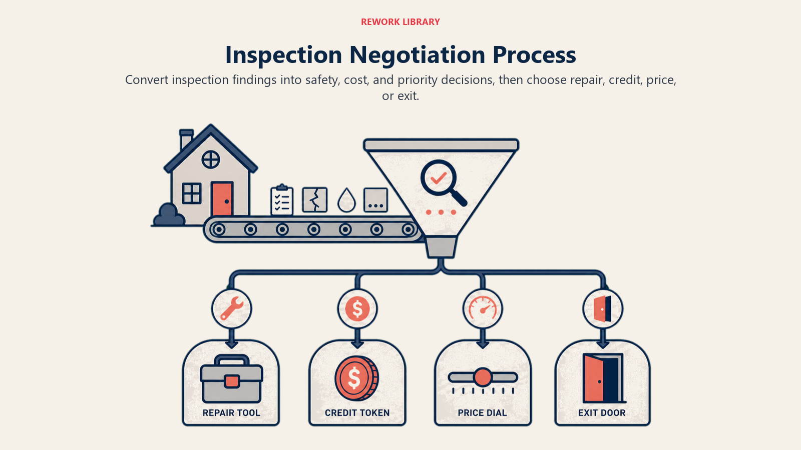 Inspection Negotiation Process illustrated with a wide inspection funnel sorting house findings into four resolution lanes: repair tool, credit token, price dial, and exit door