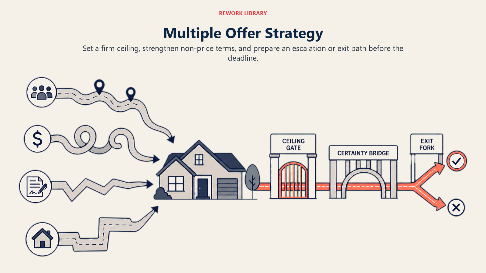 Multiple Offer Strategy illustrated with several offer paths converging on one house while one disciplined route passes a ceiling gate, certainty bridge, and exit fork