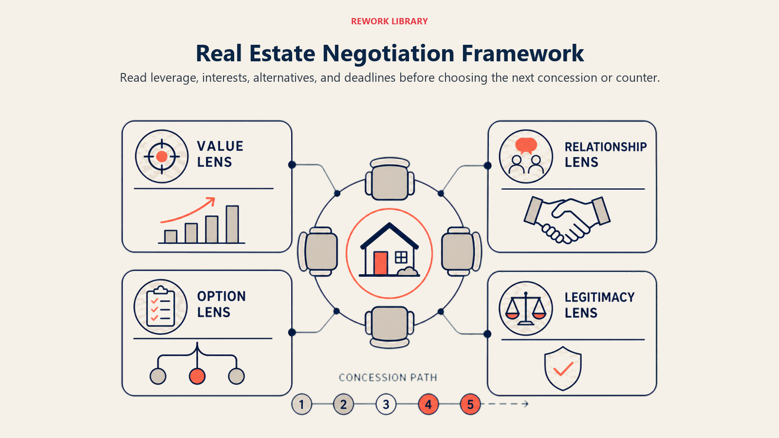 Real Estate Negotiation Framework illustrated with a wide negotiation table visual with four strategic lenses around a central property token and a measured concession path