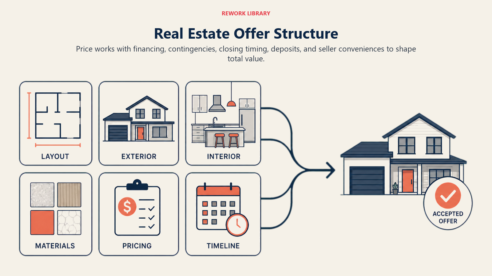 Real Estate Offer Structure illustrated with a wide modular house assembled from six clearly different term components flowing into one accepted offer