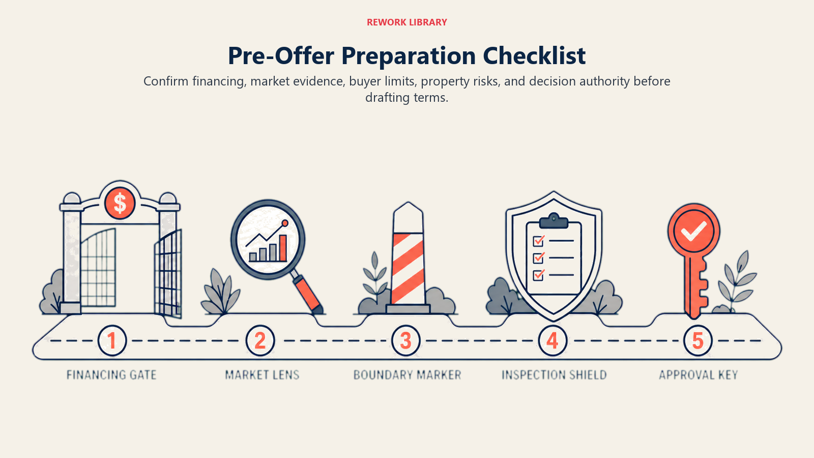 Pre-Offer Preparation Checklist illustrated with a wide preparation runway with five distinct checkpoints: financing gate, market lens, boundary marker, inspection shield, and approval key