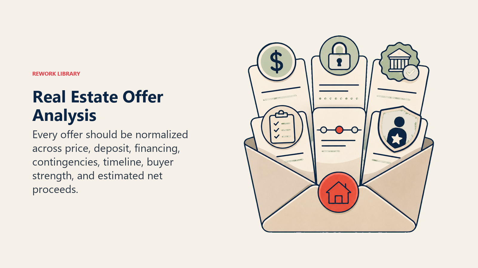 Real Estate Offer Analysis illustrated as six-part offer packet for a real estate operating system
