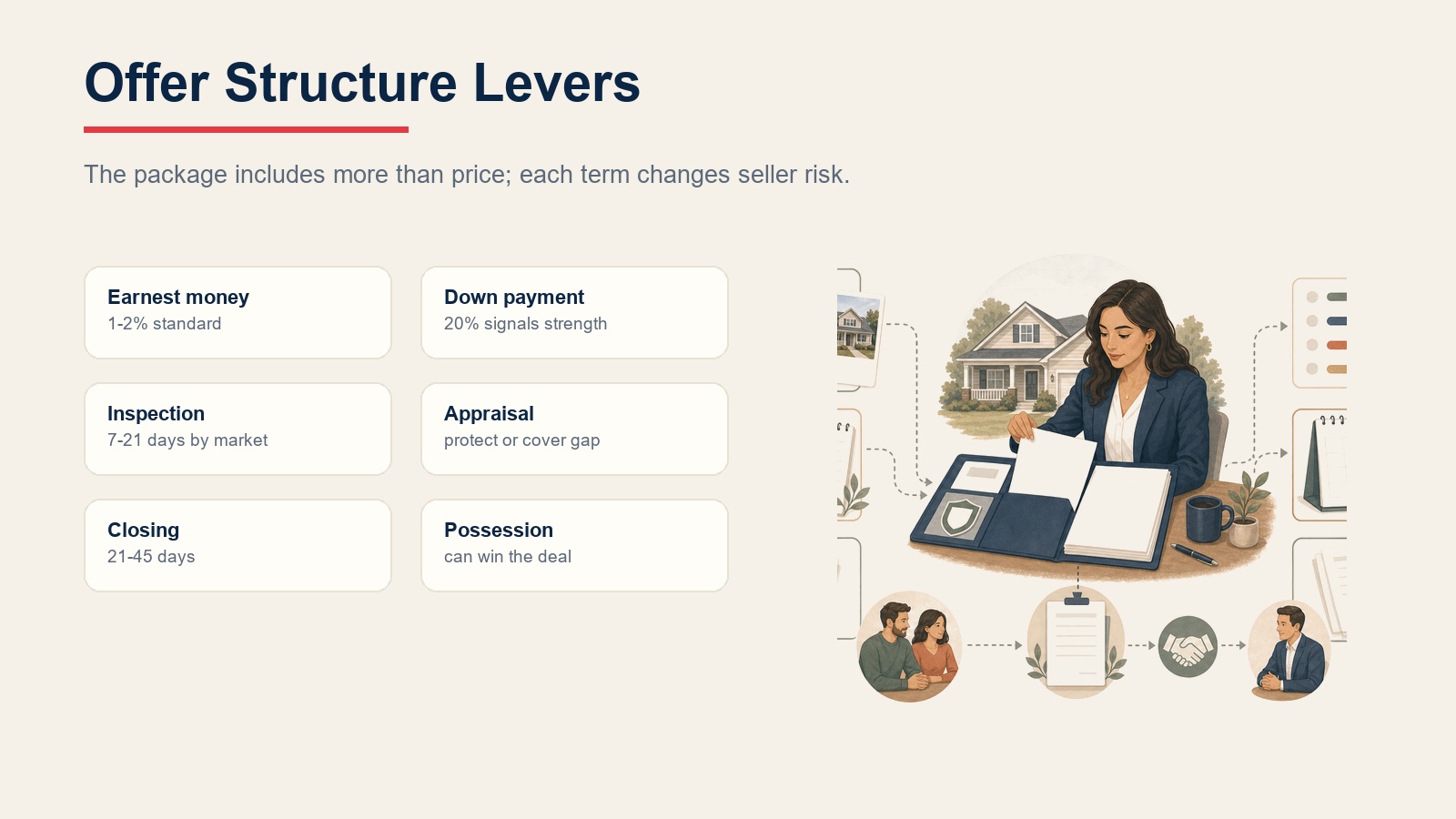 Offer structure levers beyond purchase price including earnest money, down payment, inspection, appraisal, closing, and possession