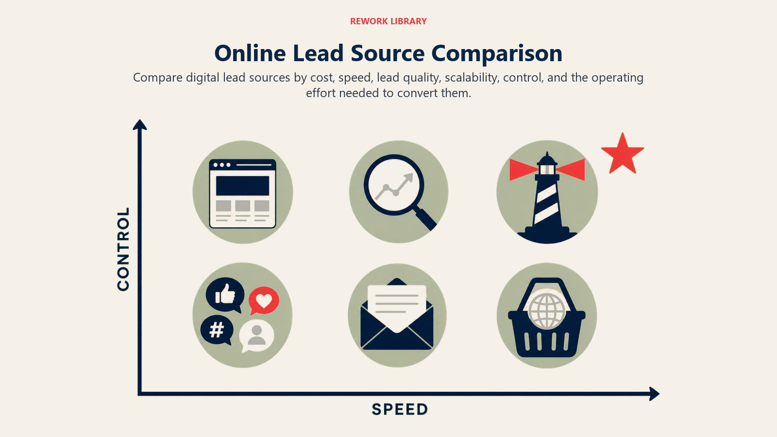 Online real estate lead source comparison across owned, paid, social, email, and portal options