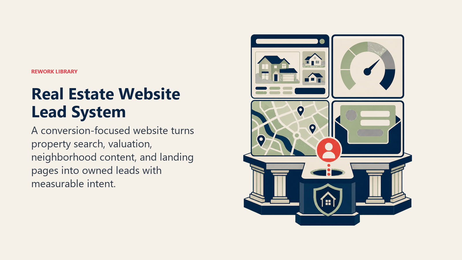 Real estate website lead system built on property search, valuation, neighborhood content, and landing pages