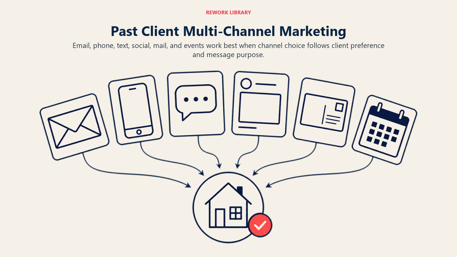 Past Client Multi-Channel Marketing illustrated as one client relationship reached through six coordinated channels
