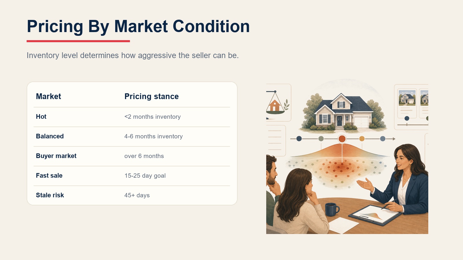 Pricing by market condition for hot, balanced, buyer, fast-sale, and stale-risk scenarios
