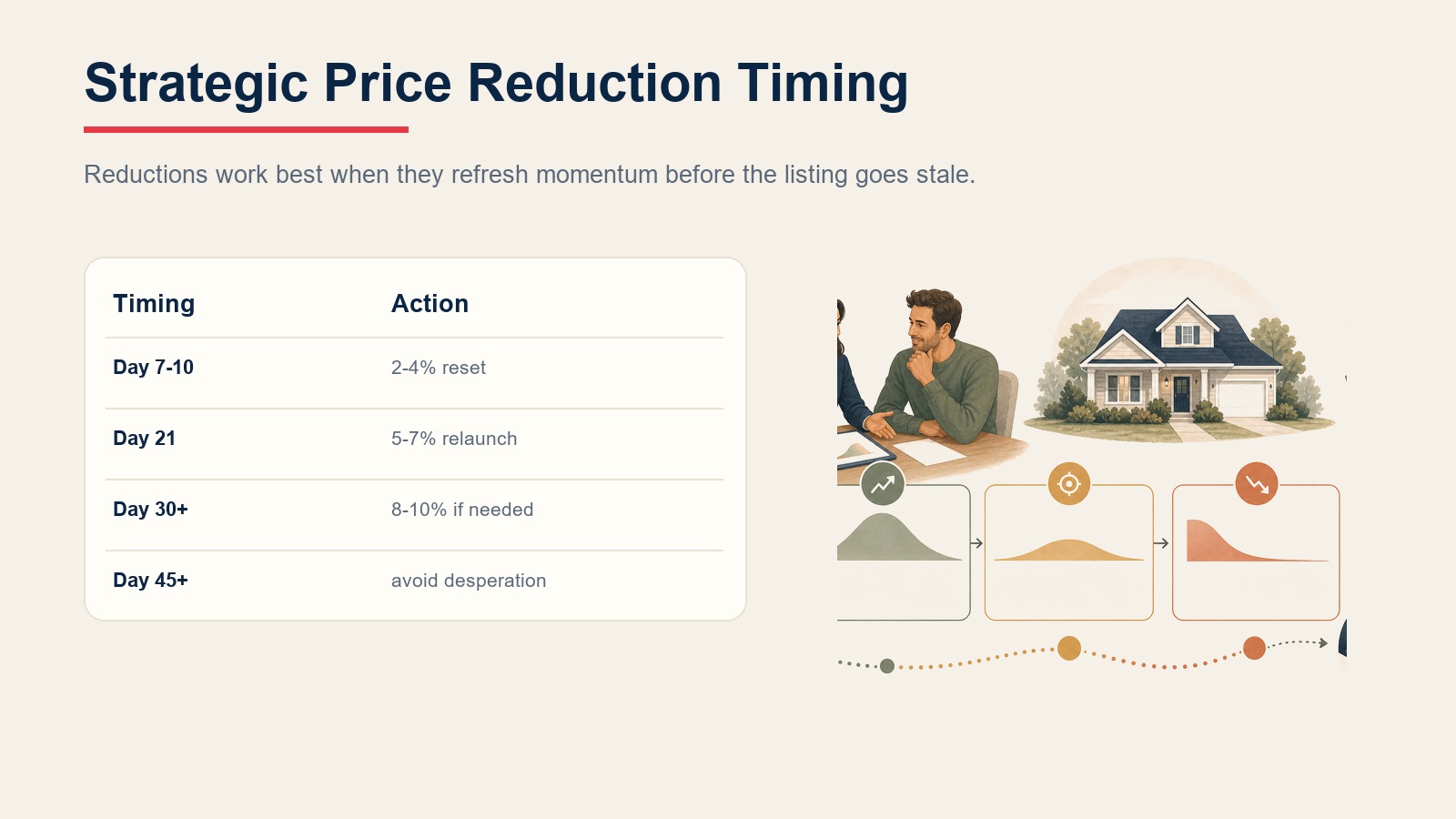 Strategic price reduction timing for day 7-10, day 21, day 30, and day 45