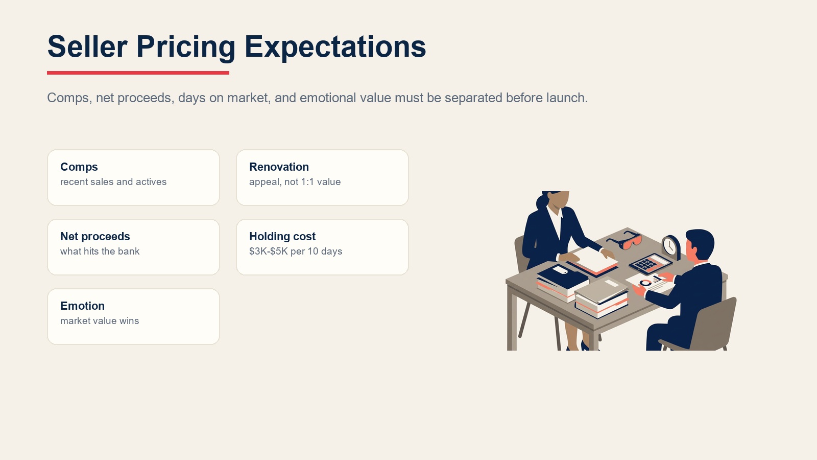 Seller pricing expectations framework using comps, renovation value, net proceeds, holding cost, and emotion