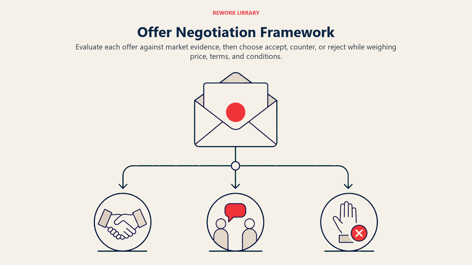 Offer Negotiation Framework illustrated by Wide decision tree from an offer envelope into accept, counter, and reject routes, with price and terms balanced before the fork