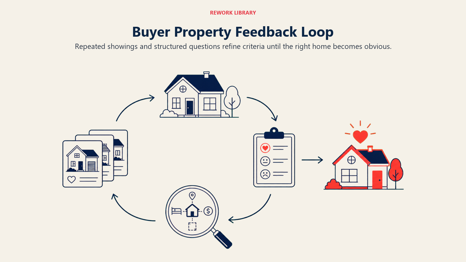 Buyer Property Feedback Loop illustrated with a wide circular learning loop linking house visit, reaction card, refined criteria lens, and next shortlist, ending at a coral matched home; sparse arrows only.