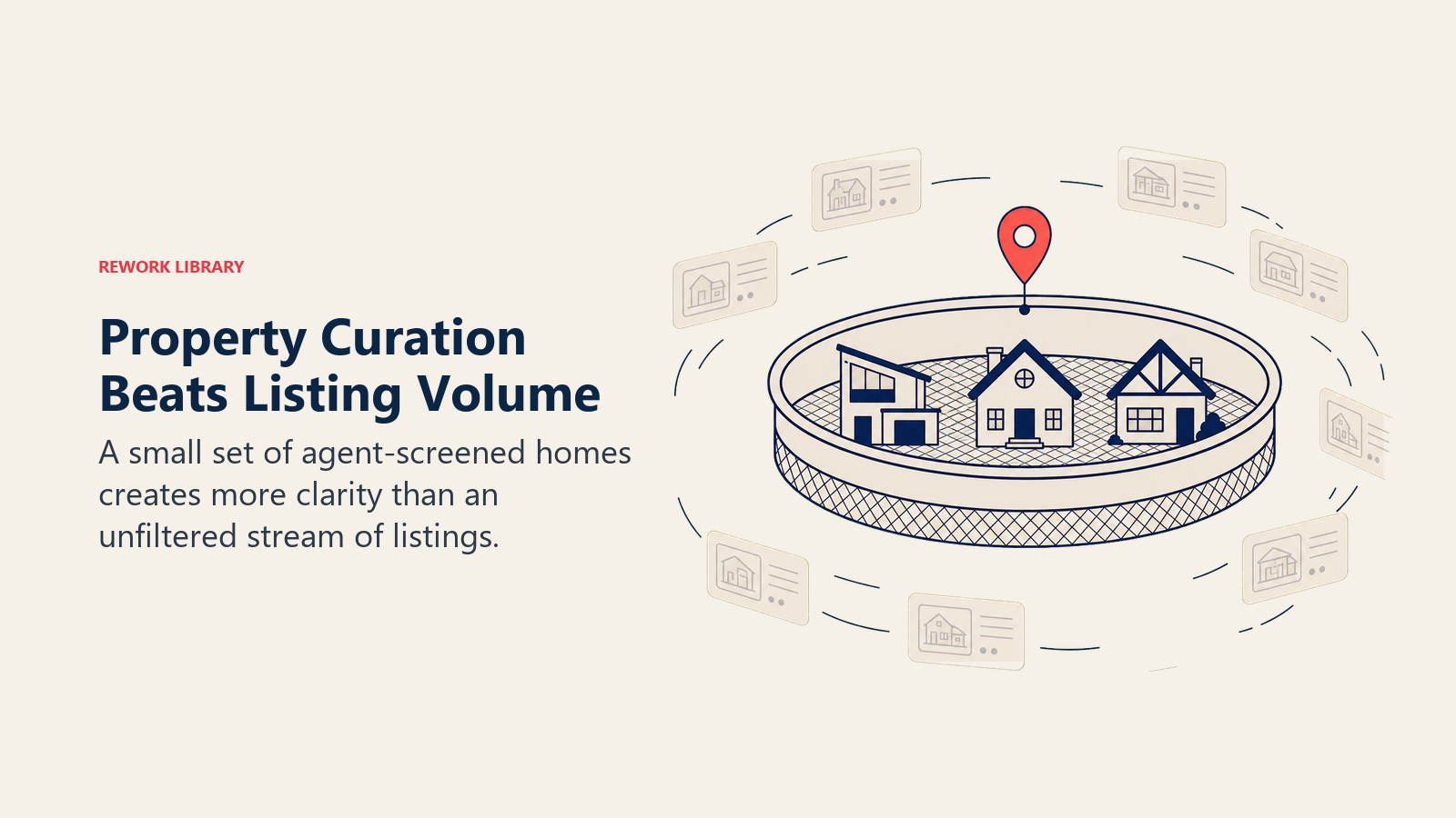 Property Curation Beats Listing Volume illustrated with a refined sieve holding three distinctive house tokens while many faint listing cards pass around it, with one coral selection pin.