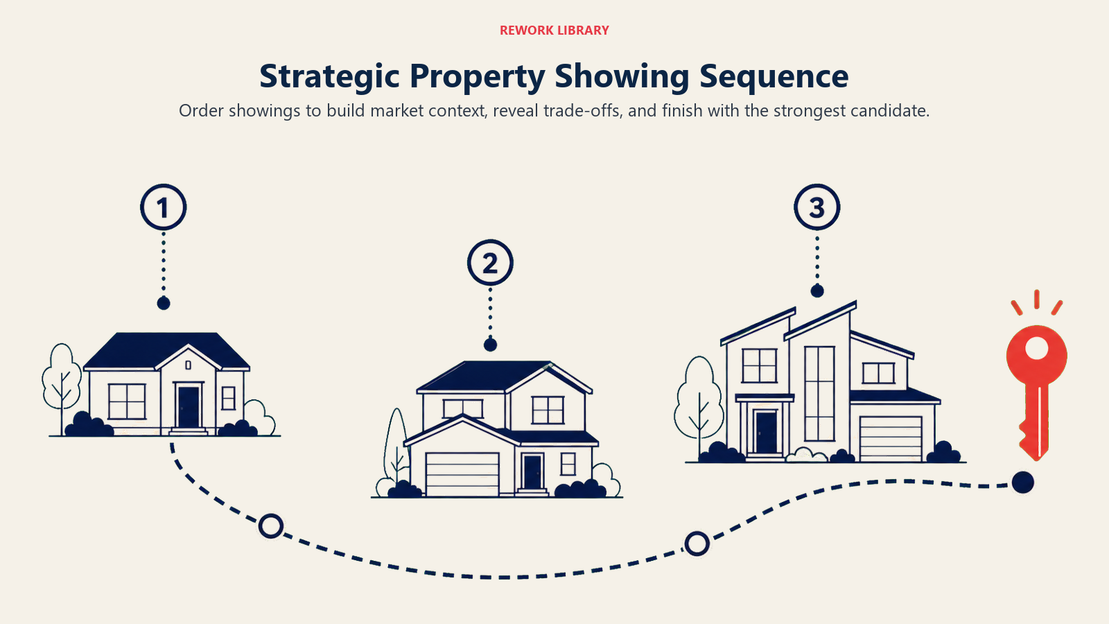 Strategic Property Showing Sequence illustrated with a wide curved route visiting three different homes in deliberate order, from baseline to trade-off to strongest candidate, with sparse markers 1, 2, 3 and a coral key at the end.