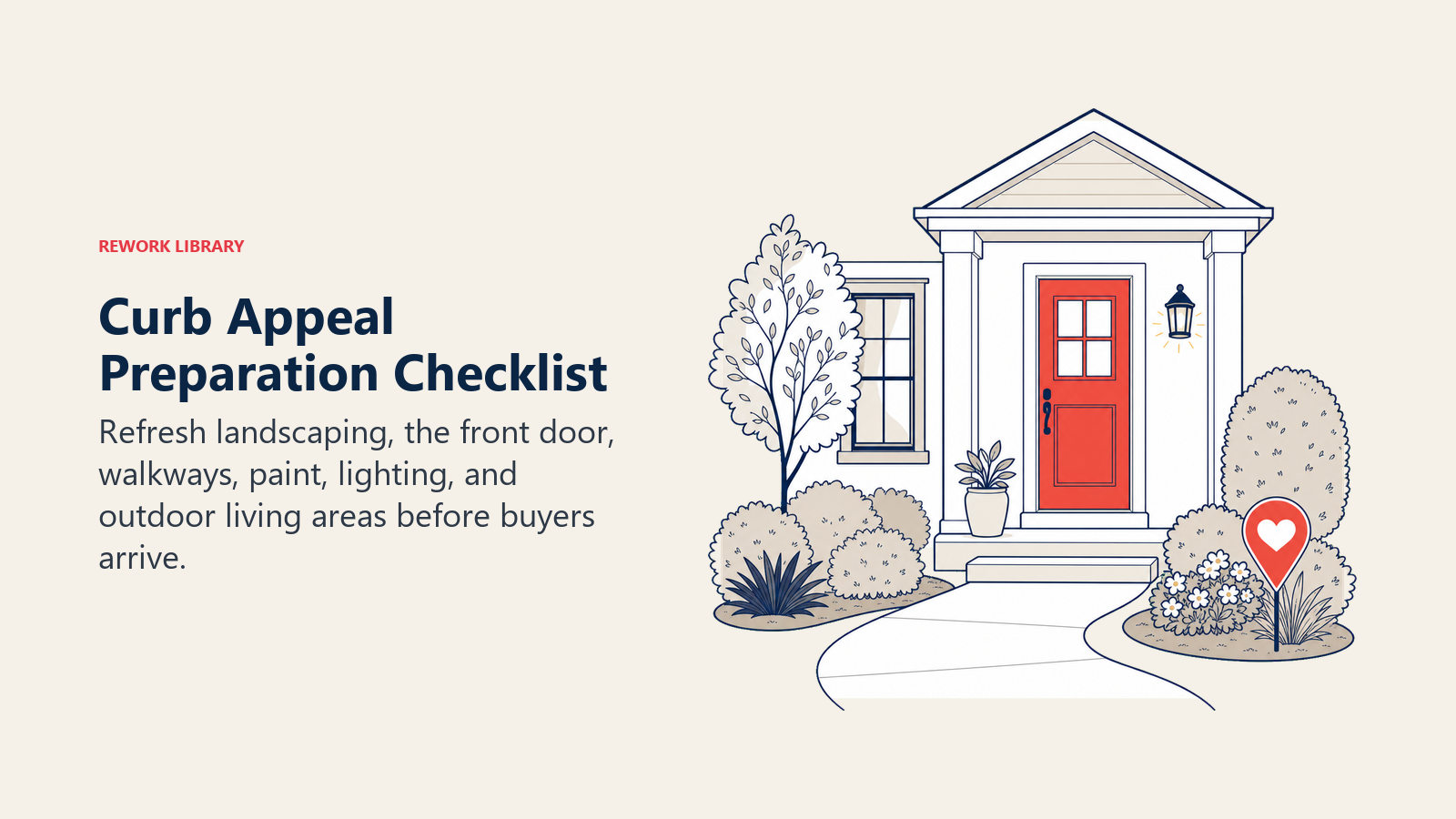Curb Appeal Preparation Checklist: a tidy home entrance work scene with trimmed landscaping, refreshed door, swept path, porch light, and coral welcome marker