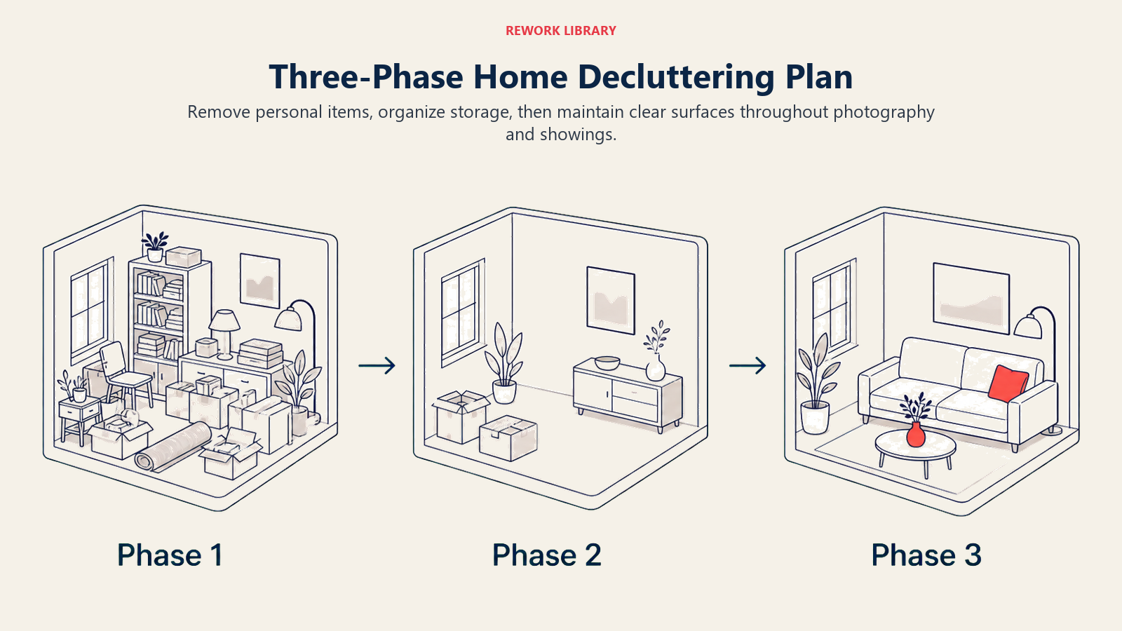 Three-Phase Home Decluttering Plan: a wide three-stage room transformation labeled Phase 1, Phase 2, Phase 3 from crowded to calm and buyer-ready